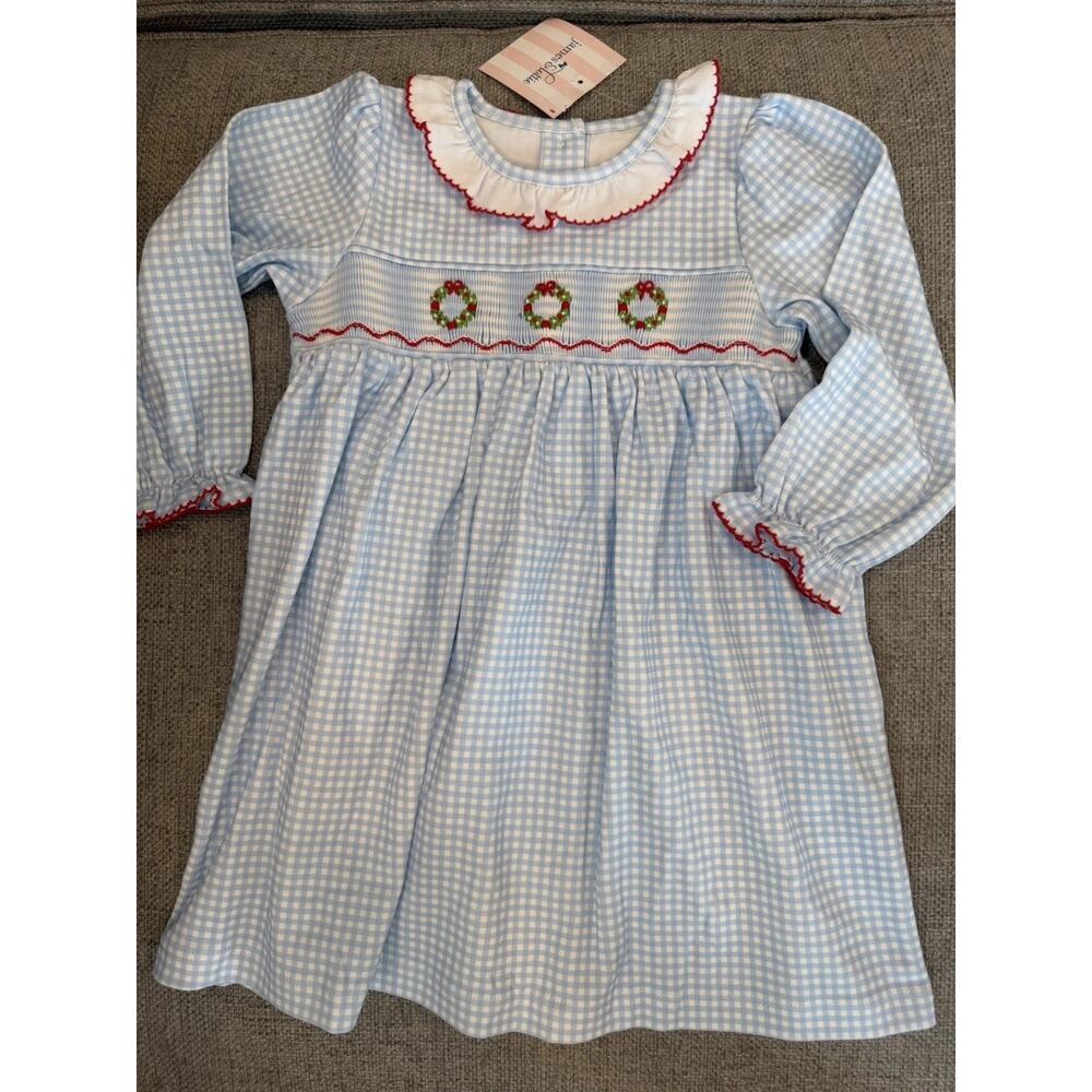 James & Lottie Smocked Gingham Blue White Pima Cotton Christmas Dress 2T NWT